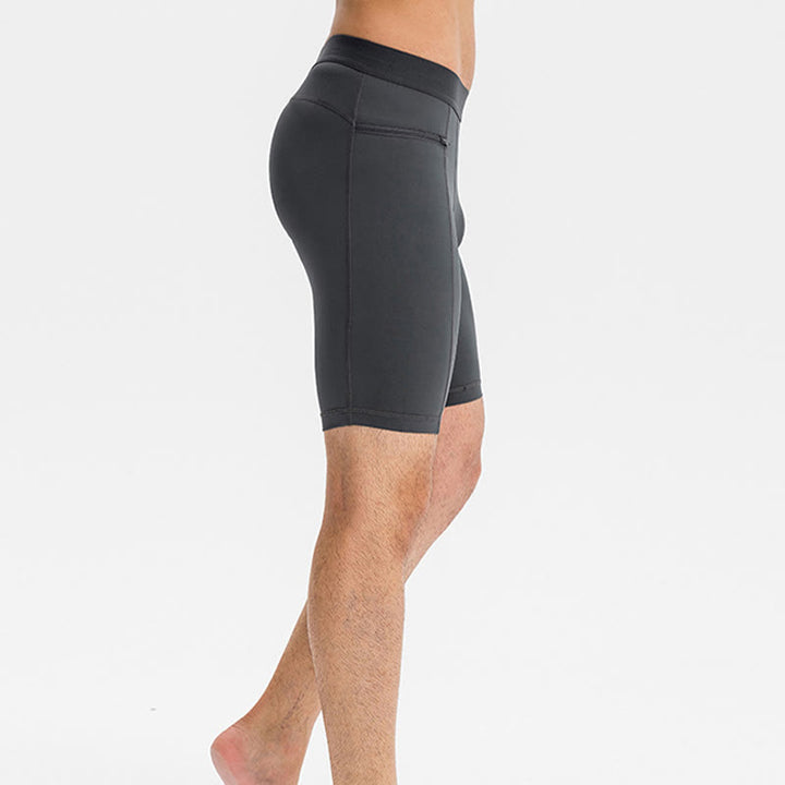 Buddha Stones Enganliegende, dehnbare, hochelastische, schnelltrocknende Sport-Shorts für Herren mit Reißverschlusstaschen