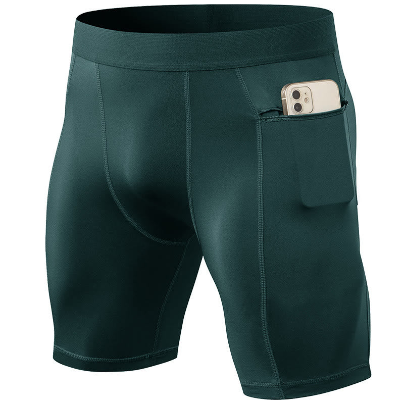 Buddha Stones Enganliegende, dehnbare, hochelastische, schnelltrocknende Sport-Shorts für Herren mit Reißverschlusstaschen