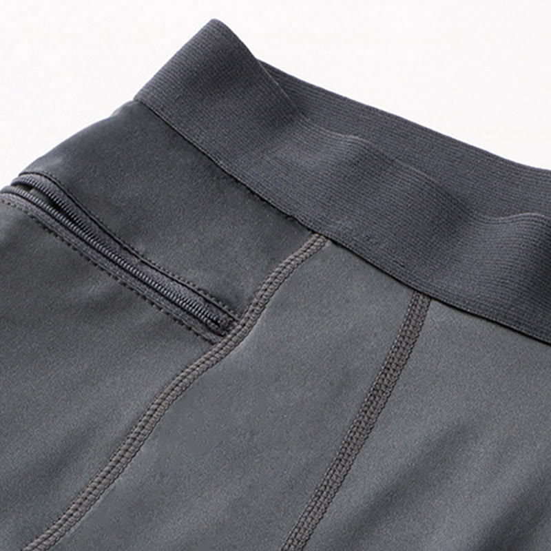 Buddha Stones Enganliegende, dehnbare, hochelastische, schnelltrocknende Sport-Shorts für Herren mit Reißverschlusstaschen