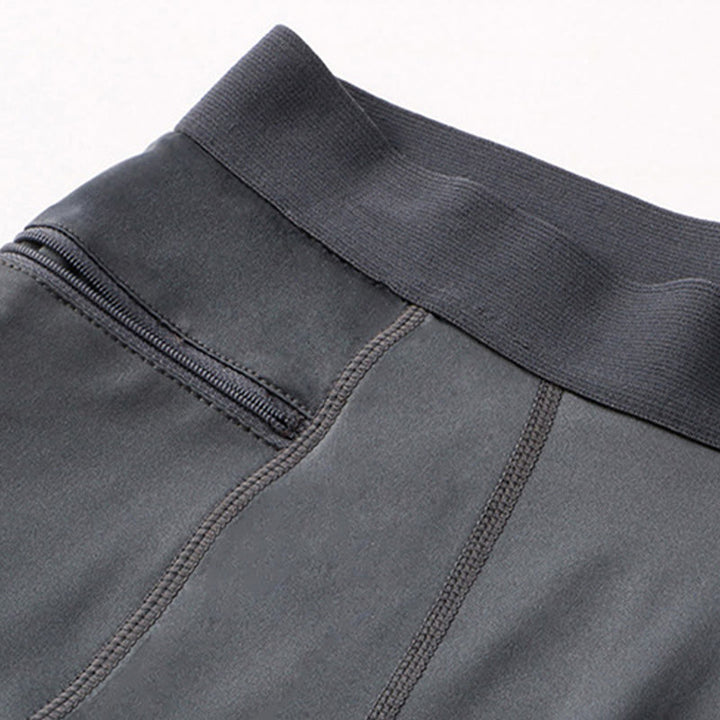 Buddha Stones Enganliegende, dehnbare, hochelastische, schnelltrocknende Sport-Shorts für Herren mit Reißverschlusstaschen