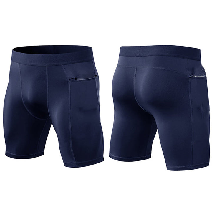Buddha Stones Enganliegende, dehnbare, hochelastische, schnelltrocknende Sport-Shorts für Herren mit Reißverschlusstaschen