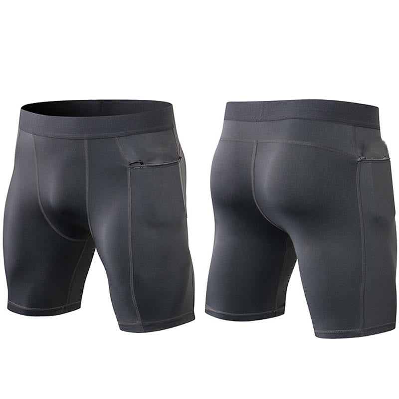 Buddha Stones Enganliegende, dehnbare, hochelastische, schnelltrocknende Sport-Shorts für Herren mit Reißverschlusstaschen