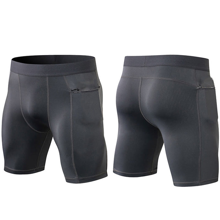 Buddha Stones Enganliegende, dehnbare, hochelastische, schnelltrocknende Sport-Shorts für Herren mit Reißverschlusstaschen