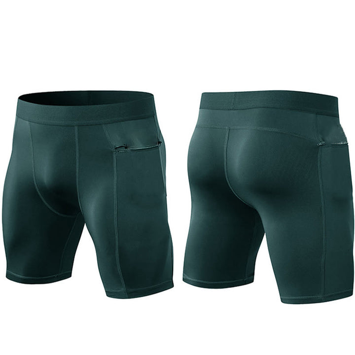 Buddha Stones Enganliegende, dehnbare, hochelastische, schnelltrocknende Sport-Shorts für Herren mit Reißverschlusstaschen