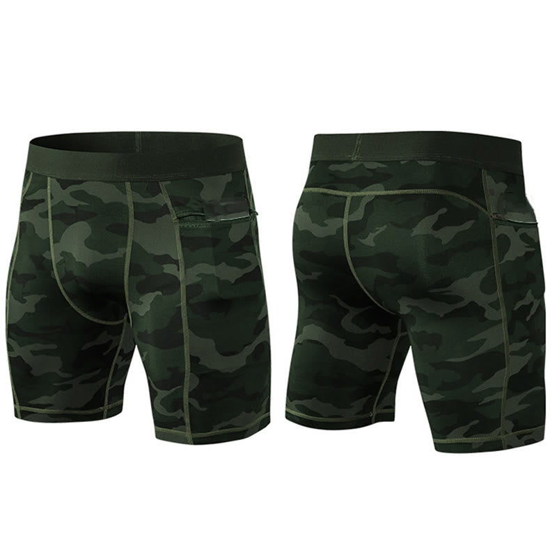 Buddha Stones Enganliegende, dehnbare, hochelastische, schnelltrocknende Sport-Shorts für Herren mit Reißverschlusstaschen