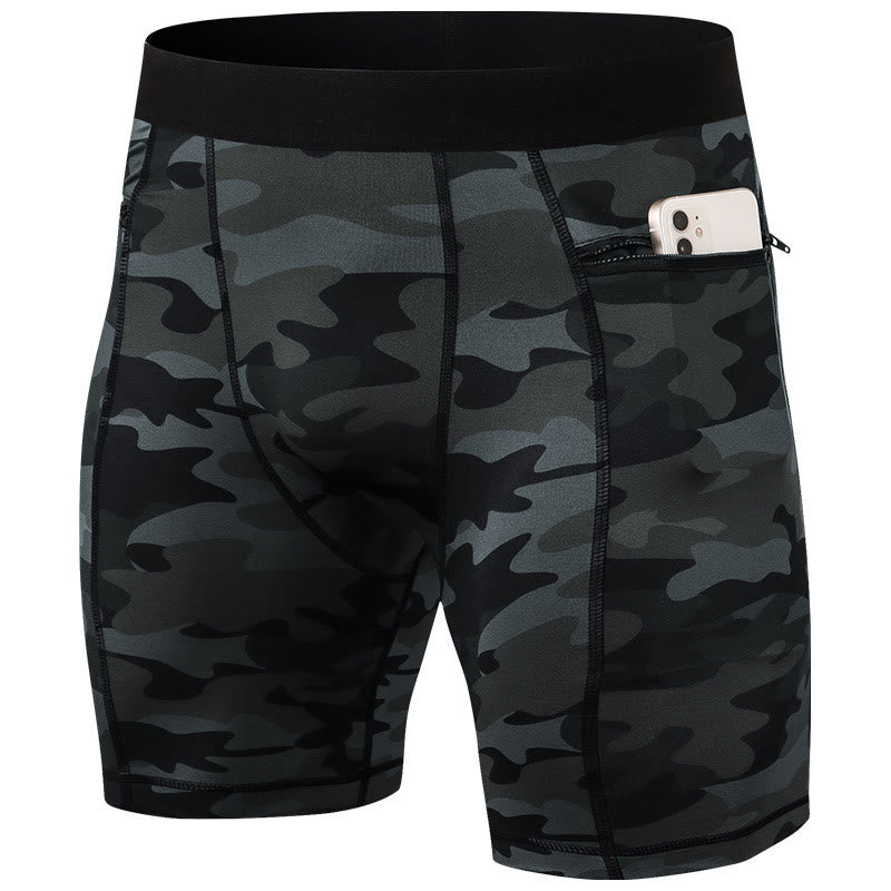 Buddha Stones Enganliegende, dehnbare, hochelastische, schnelltrocknende Sport-Shorts für Herren mit Reißverschlusstaschen