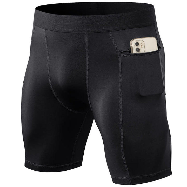 Buddha Stones Enganliegende, dehnbare, hochelastische, schnelltrocknende Sport-Shorts für Herren mit Reißverschlusstaschen