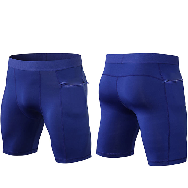 Buddha Stones Enganliegende, dehnbare, hochelastische, schnelltrocknende Sport-Shorts für Herren mit Reißverschlusstaschen