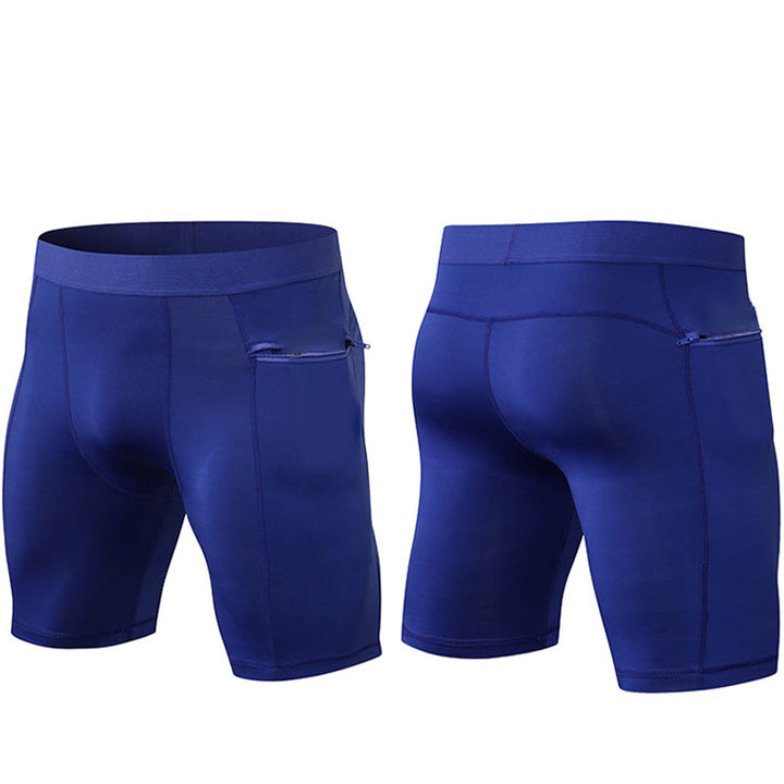 Buddha Stones Enganliegende, dehnbare, hochelastische, schnelltrocknende Sport-Shorts für Herren mit Reißverschlusstaschen
