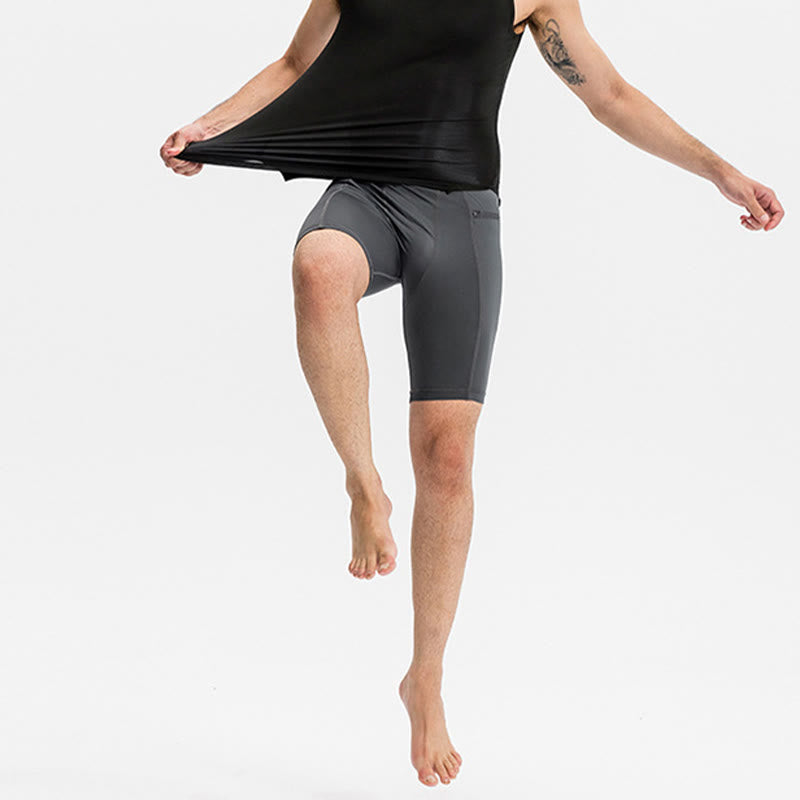 Buddha Stones Enganliegende, dehnbare, hochelastische, schnelltrocknende Sport-Shorts für Herren mit Reißverschlusstaschen