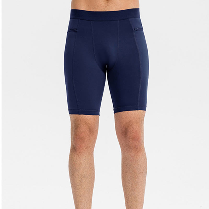 Buddha Stones Enganliegende, dehnbare, hochelastische, schnelltrocknende Sport-Shorts für Herren mit Reißverschlusstaschen