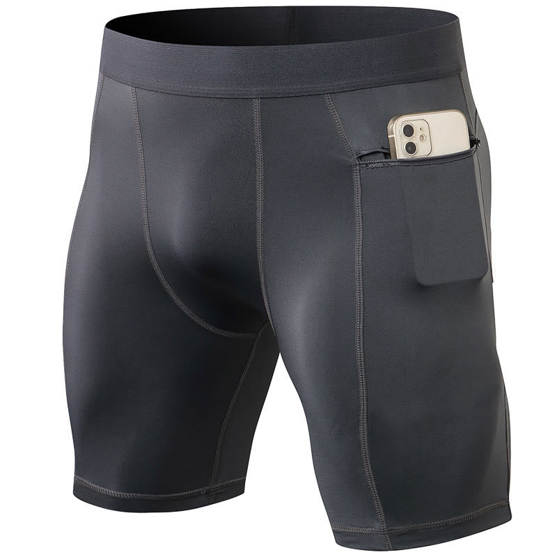 Buddha Stones Enganliegende, dehnbare, hochelastische, schnelltrocknende Sport-Shorts für Herren mit Reißverschlusstaschen
