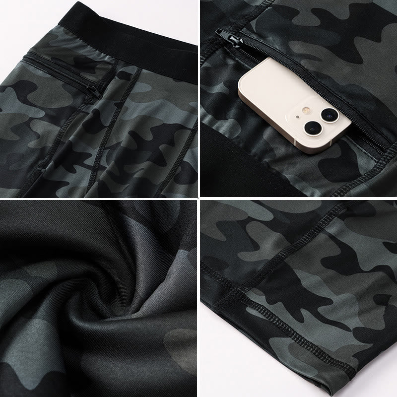 Buddha Stones Enganliegende, dehnbare, hochelastische, schnelltrocknende Sport-Shorts für Herren mit Reißverschlusstaschen