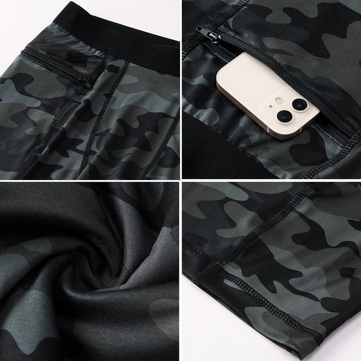 Buddha Stones Enganliegende, dehnbare, hochelastische, schnelltrocknende Sport-Shorts für Herren mit Reißverschlusstaschen