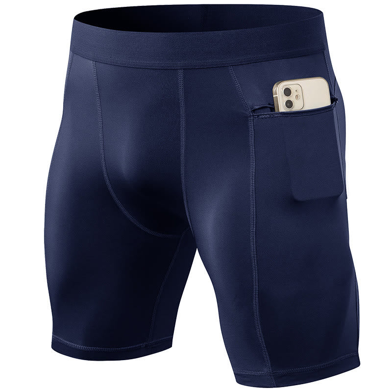 Buddha Stones Enganliegende, dehnbare, hochelastische, schnelltrocknende Sport-Shorts für Herren mit Reißverschlusstaschen