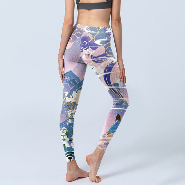 Buddha Stones, Schwalbe, Elster, Blume, Berg, glückverheißende Wolken, Print, Gym-Leggings für Damen, Yoga-Hose - image 4