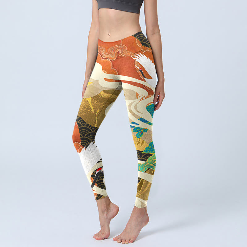 Buddha Stones , Mandschurenkranich, glückverheißende Wolken, Kiefernbaum-Print, Gym-Leggings für Damen, Yoga-Hose - IndianRed - US18， UK/AU22，EU50 (4XL) - image 1