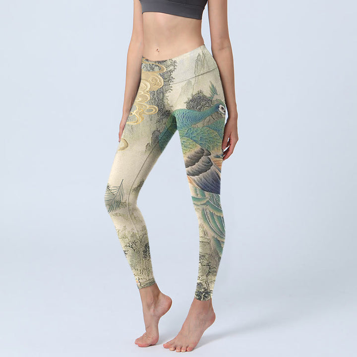 Buddha Stones, Pfau, glückverheißende Wolken, Bergblumen-Print, Gym-Leggings für Damen, Yoga-Hose - Hellgrau - US18, UK/AU22, EU50 (4XL) - image 0