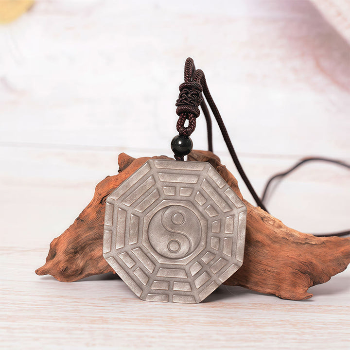 Buddha Stones ​​Silber Glanz Obsidian Bagua Yin Yang Symbol Schutz Halskette Anhänger - Silberglanz-Obsidian - image 1