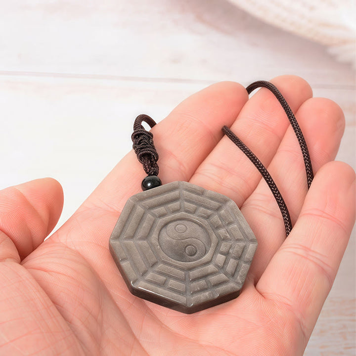 Buddha Stones ​​Silber Glanz Obsidian Bagua Yin Yang Symbol Schutz Halskette Anhänger - image 8