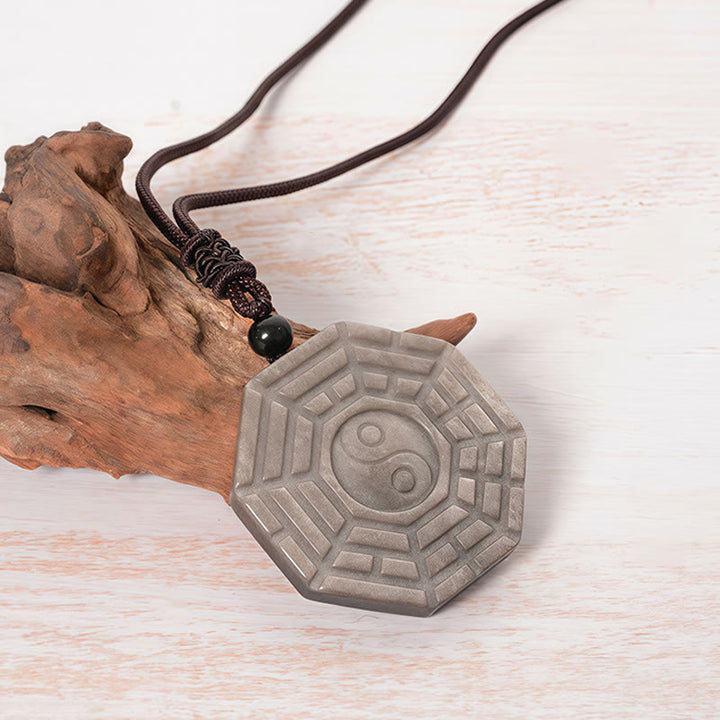 Buddha Stones ​​Silber Glanz Obsidian Bagua Yin Yang Symbol Schutz Halskette Anhänger - image 3