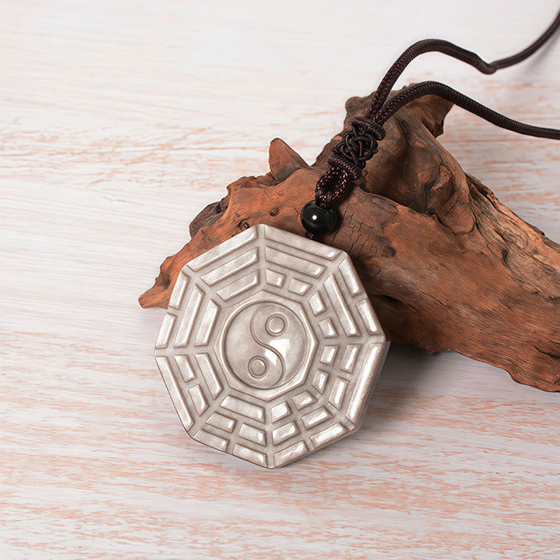 Buddha Stones ​​Silber Glanz Obsidian Bagua Yin Yang Symbol Schutz Halskette Anhänger - image 2