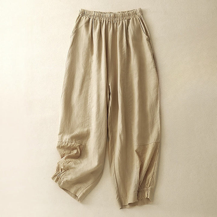 Buddha Stones Lässige Stickerei Patchwork Stoff 7-8 Länge Cropped Pants Damen Baumwolle Haremshose mit Taschen