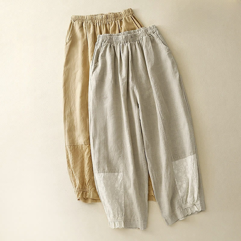 Buddha Stones Lässige Stickerei Patchwork Stoff 7-8 Länge Cropped Pants Damen Baumwolle Haremshose mit Taschen