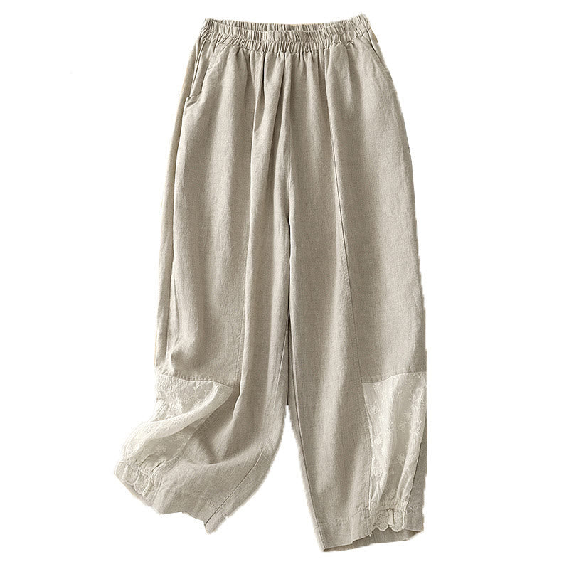 Buddha Stones Lässige Stickerei Patchwork Stoff 7-8 Länge Cropped Pants Damen Baumwolle Haremshose mit Taschen