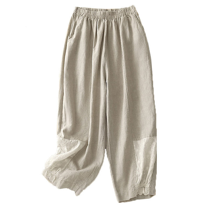 Buddha Stones Lässige Stickerei Patchwork Stoff 7-8 Länge Cropped Pants Damen Baumwolle Haremshose mit Taschen