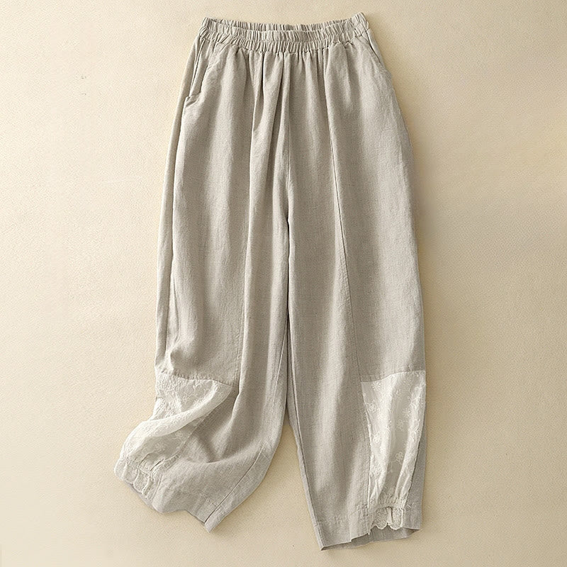 Buddha Stones Lässige Stickerei Patchwork Stoff 7-8 Länge Cropped Pants Damen Baumwolle Haremshose mit Taschen