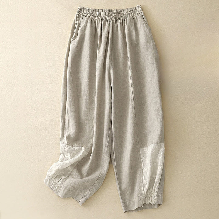Buddha Stones Lässige Stickerei Patchwork Stoff 7-8 Länge Cropped Pants Damen Baumwolle Haremshose mit Taschen