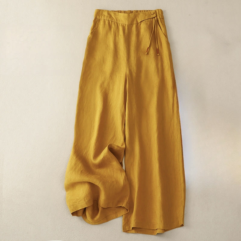 Buddha Stones Lässige, einfarbige Damenhose mit hoher Taille und weitem Bein aus Baumwollleinen mit Taschen - Goldrute - US12, UK/AU16, EU44 (3XL) - image 0