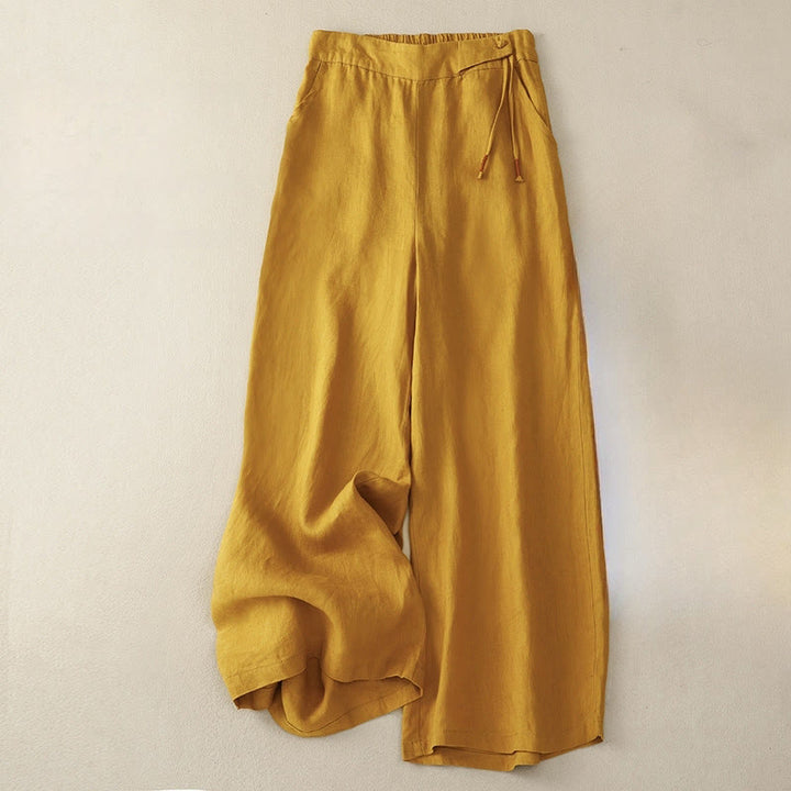 Buddha Stones Lässige, einfarbige Damenhose mit hoher Taille und weitem Bein aus Baumwollleinen mit Taschen - Goldrute - US12, UK/AU16, EU44 (3XL) - image 0