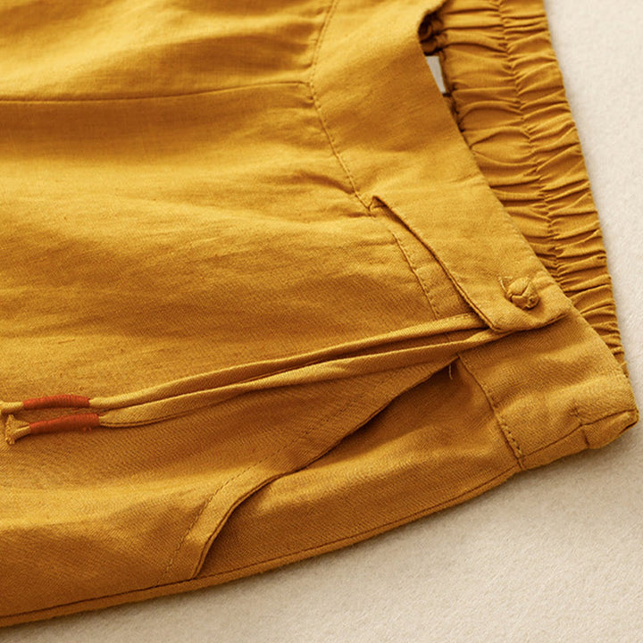 Buddha Stones Lässige, einfarbige Damenhose mit hoher Taille und weitem Bein aus Baumwollleinen mit Taschen - image 5