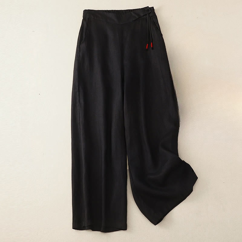 Buddha Stones Lässige, einfarbige Damenhose mit hoher Taille und weitem Bein aus Baumwollleinen mit Taschen - Schwarz - US12, UK/AU16, EU44 (3XL) - image 6
