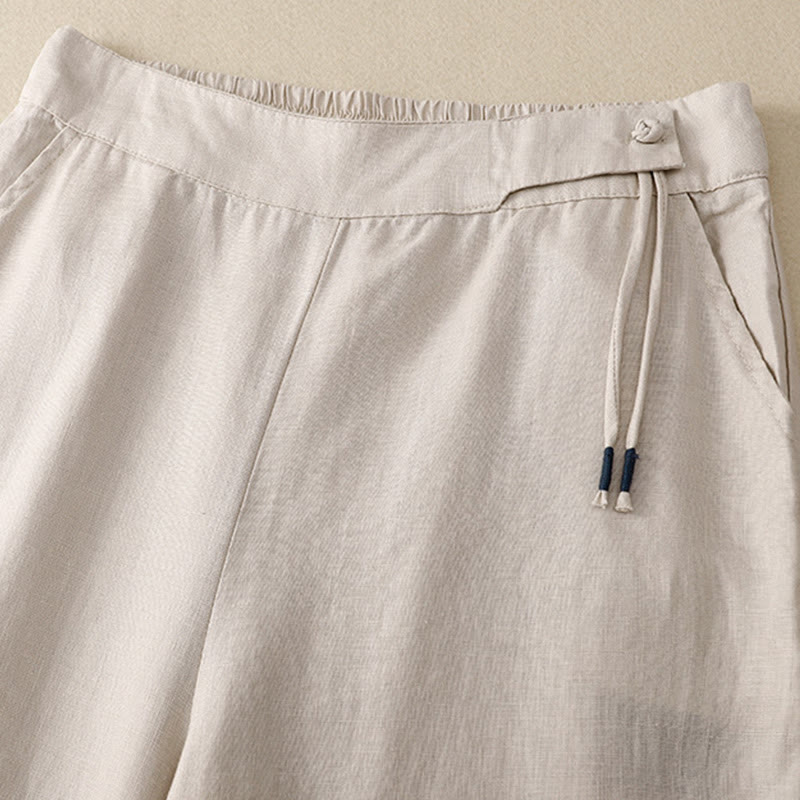 Buddha Stones Lässige, einfarbige Damenhose mit hoher Taille und weitem Bein aus Baumwollleinen mit Taschen - image 15