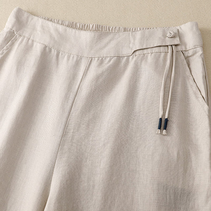 Buddha Stones Lässige, einfarbige Damenhose mit hoher Taille und weitem Bein aus Baumwollleinen mit Taschen - image 15
