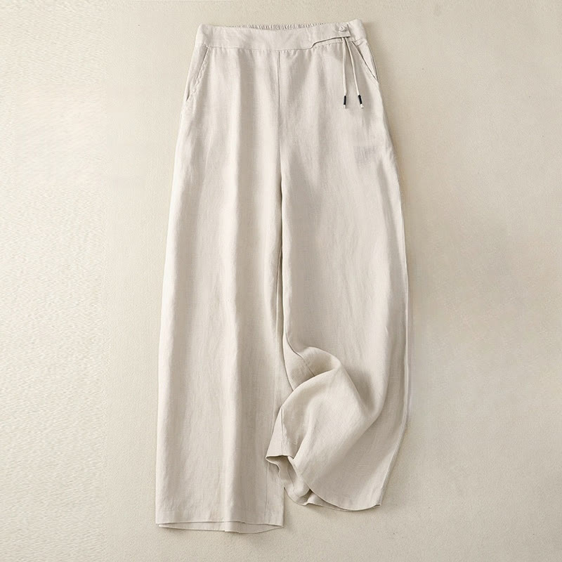 Buddha Stones Lässige, einfarbige Damenhose mit hoher Taille und weitem Bein aus Baumwollleinen mit Taschen - Leinen - US12, UK/AU16, EU44 (3XL) - image 12