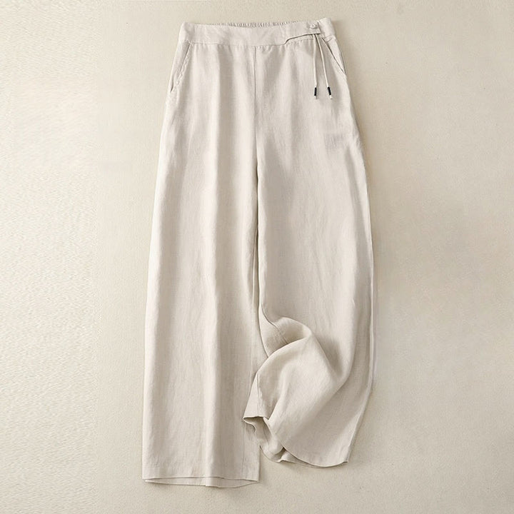 Buddha Stones Lässige, einfarbige Damenhose mit hoher Taille und weitem Bein aus Baumwollleinen mit Taschen - Leinen - US12, UK/AU16, EU44 (3XL) - image 12
