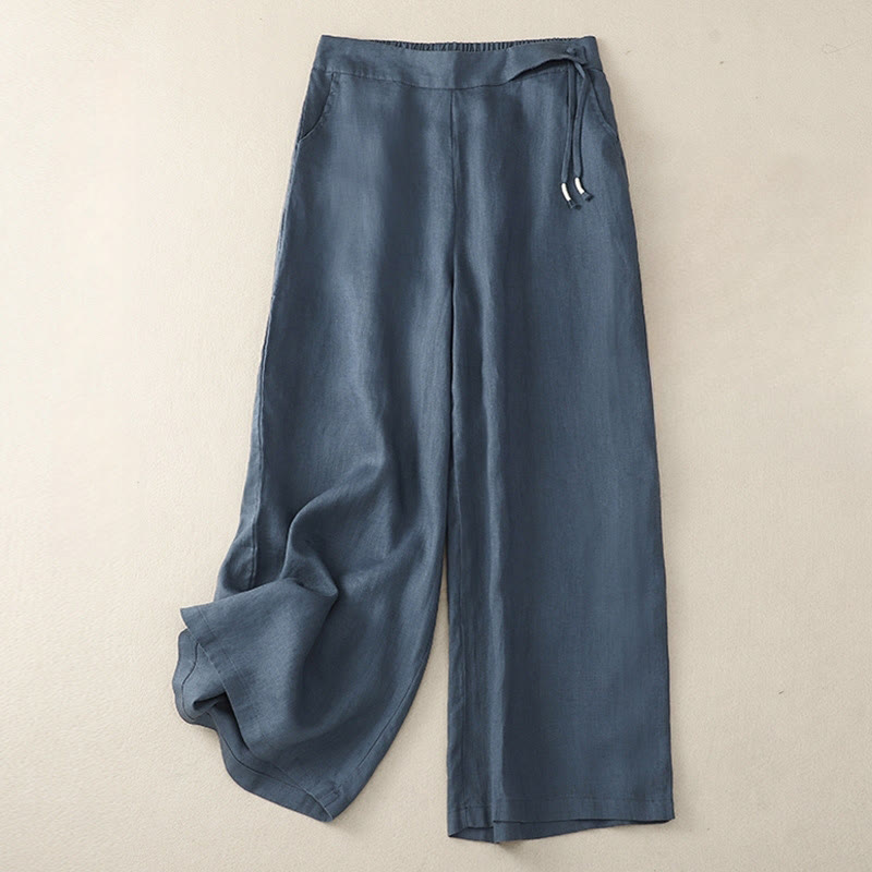 Buddha Stones Lässige, einfarbige Damenhose mit hoher Taille und weitem Bein aus Baumwollleinen mit Taschen - SteelBlue - US12, UK/AU16, EU44 (3XL) - image 20