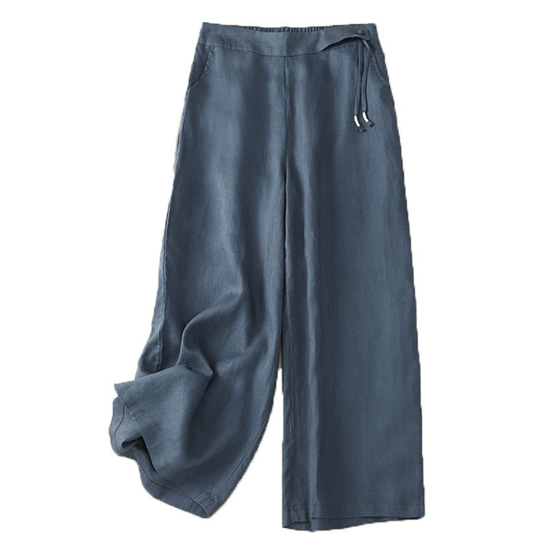 Buddha Stones Lässige, einfarbige Damenhose mit hoher Taille und weitem Bein aus Baumwollleinen mit Taschen - image 21