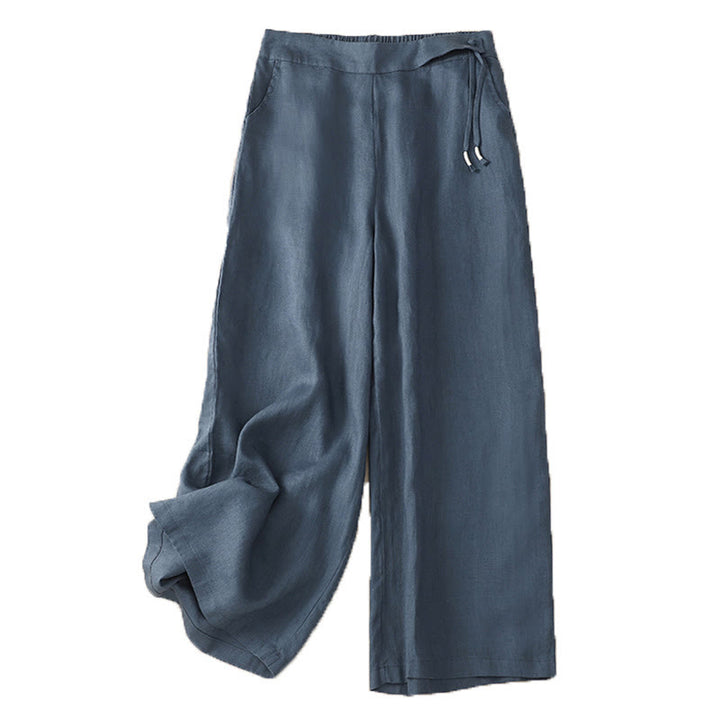 Buddha Stones Lässige, einfarbige Damenhose mit hoher Taille und weitem Bein aus Baumwollleinen mit Taschen - image 21