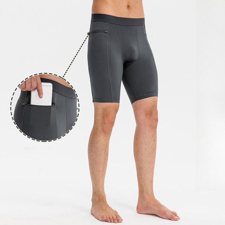 Buddha Stones Enganliegende, dehnbare, hochelastische, schnelltrocknende Sport-Shorts für Herren mit Reißverschlusstaschen