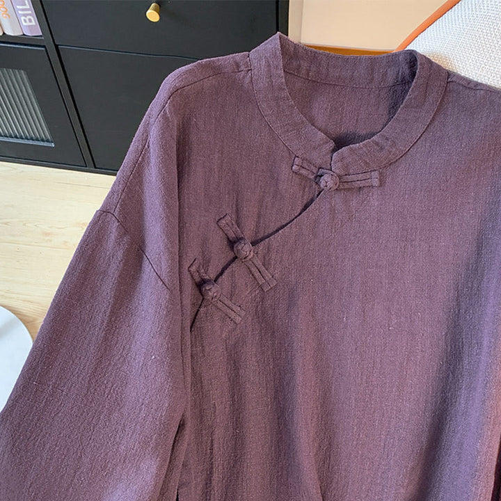 Buddha Stones Casual Damen Langarmshirt mit Stehkragen und Froschknopfleiste - image 4