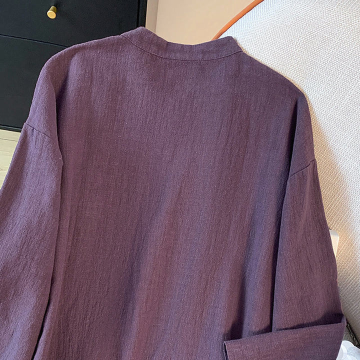 Buddha Stones Casual Damen Langarmshirt mit Stehkragen und Froschknopfleiste - image 6