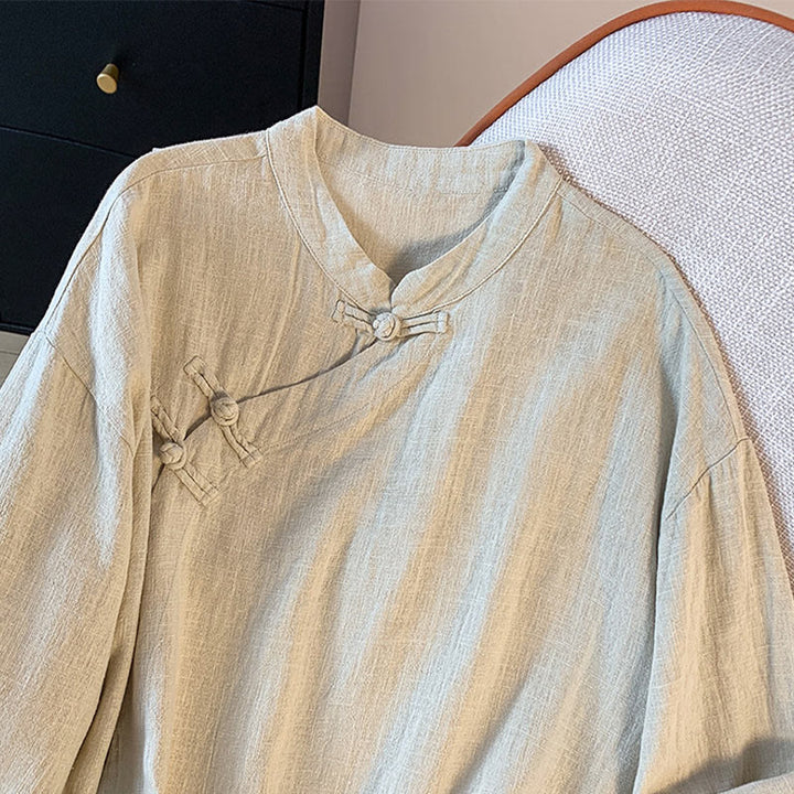 Buddha Stones Casual Damen Langarmshirt mit Stehkragen und Froschknopfleiste - image 13