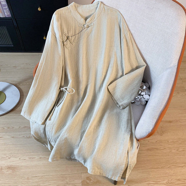Buddha Stones Lässiges Damen-Hemd aus Baumwolle und Leinen mit einfarbigem Froschknopf und Stehkragen - Beige - US8-10， UK/AU12-14，EU40-42 (2XL) - image 11