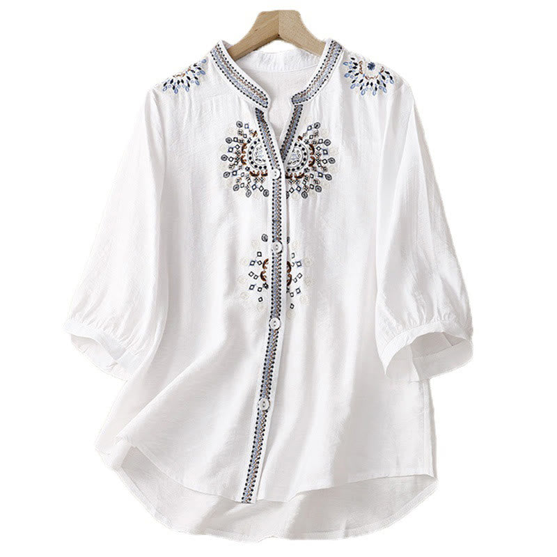 Buddha Stones Casual Damen-Shirt im Bohème-Stil mit Blumenstickerei, V-Ausschnitt und halben Ärmeln - image 1