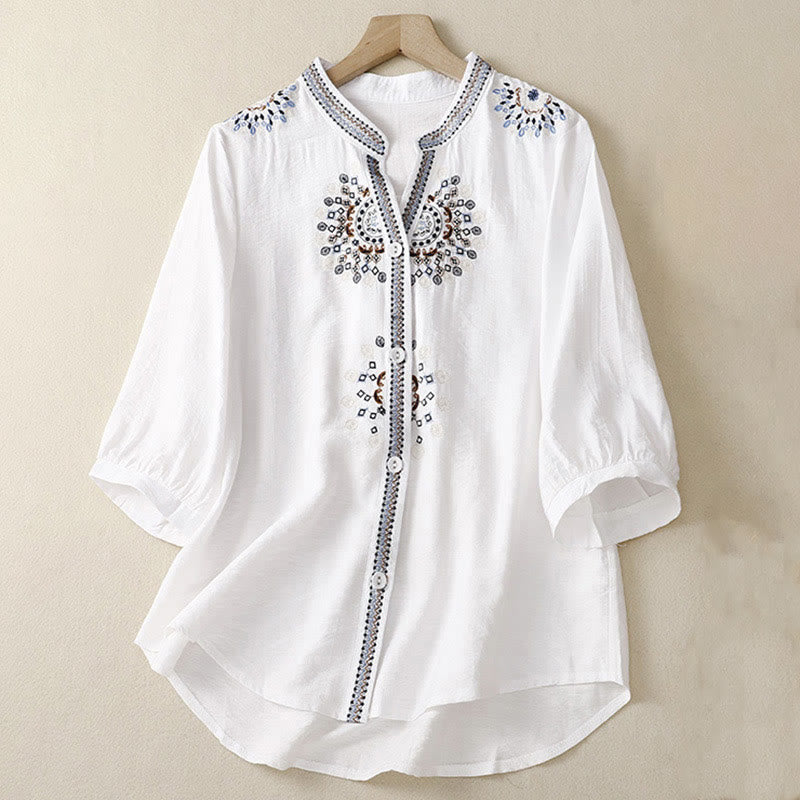 Buddha Stones Casual Damen-Shirt im Bohème-Stil mit Blumenstickerei, V-Ausschnitt und halben Ärmeln - Weiß - US 8-10, UK/AU 12-14, EU 40-42 (2XL) - image 0